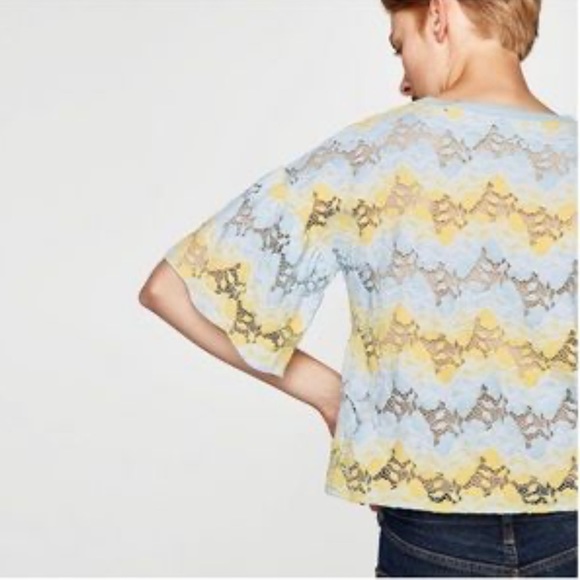 Zara Top Women’s Medium Lace Crop Bell Flare Sleeve Blue Yellow - Picture 7 of 14